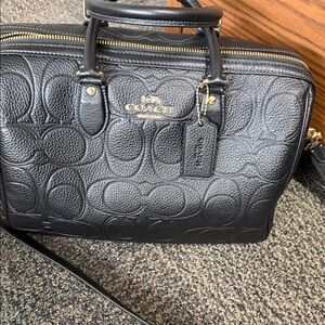 Coach Large Rowan Black Embossed Signature Leather Satchel with Gold Hardware